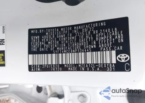 2022 Toyota Corolla Xse from USA, damaged, VIN 5YFT4MCE8NP134445